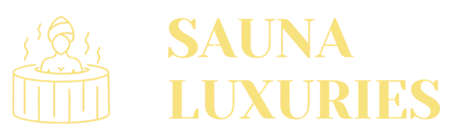 Sauna Luxuries Logo – Elegant Gold Text with Sauna Illustration on Transparent Background