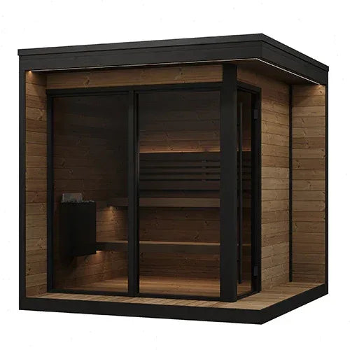 SaunaLife GL6 Outdoor Sauna Kit in warm brown wood with black trim, bronze glass front, side door and integrated porch