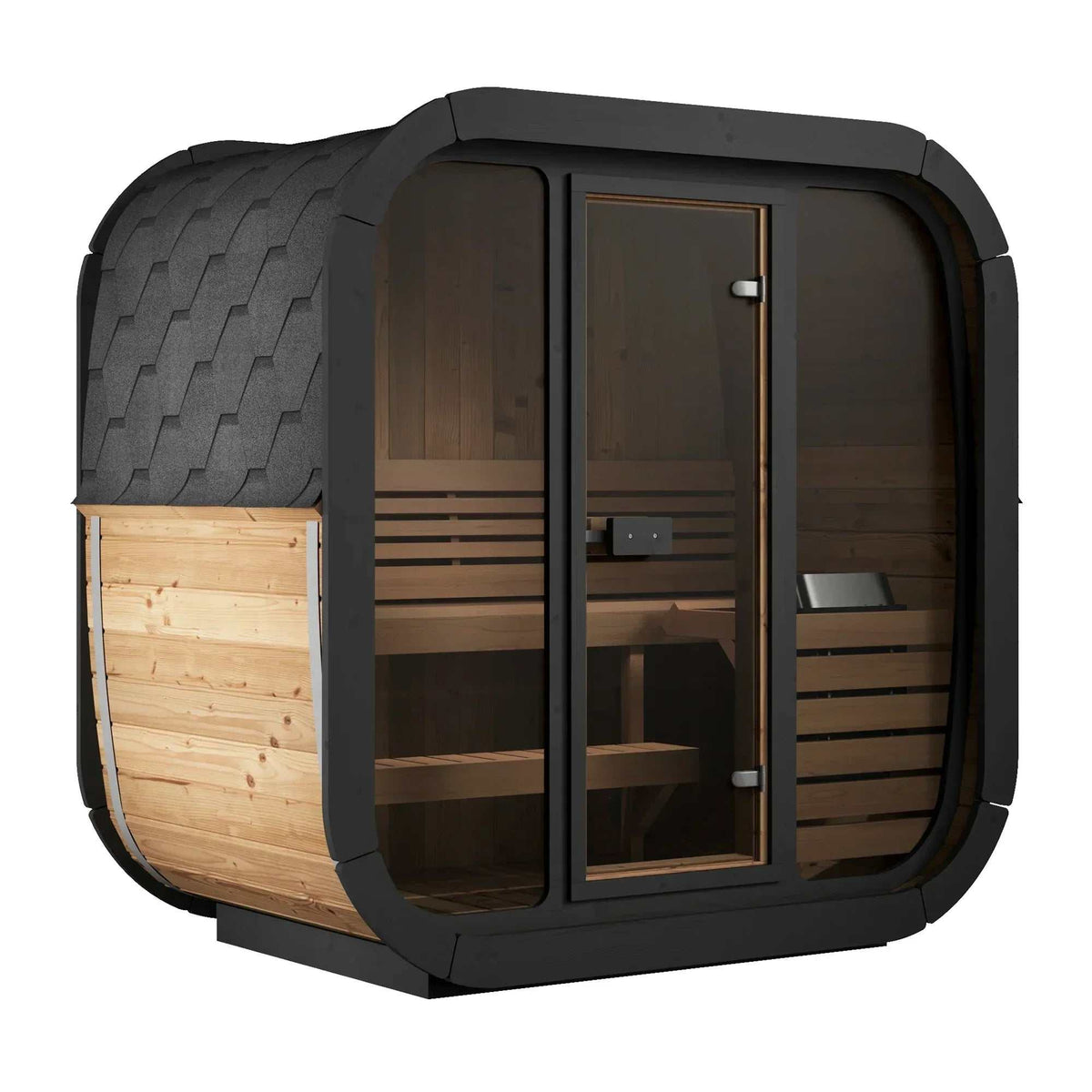 SaunaLife Model CL4G outdoor sauna with pale wood side panels, dark shingle roof, and bronze glass front