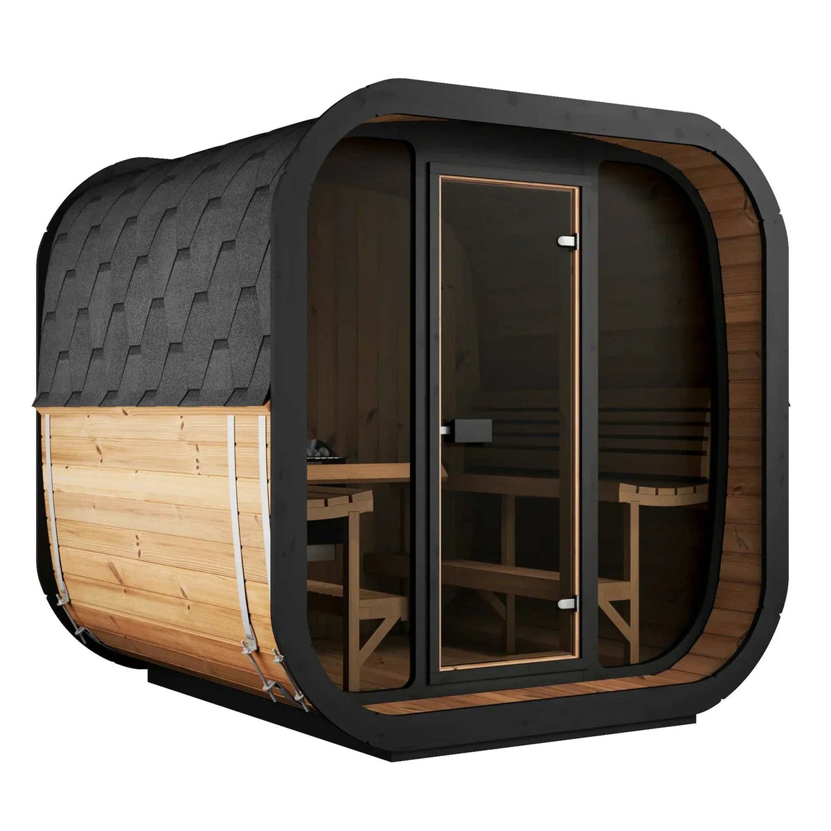 SaunaLife Model CL7G outdoor cube sauna with pale spruce walls, dark shingle roof, bronze glass front and tiered benches