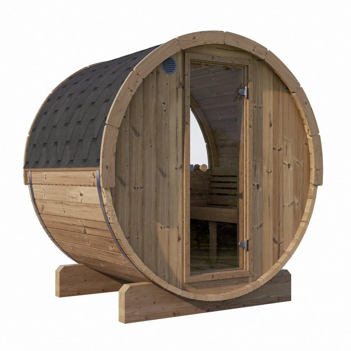 SaunaLife Model E6W Sauna Barrel-Window with rounded natural wood staves, black shingle roof, and bronze glass door