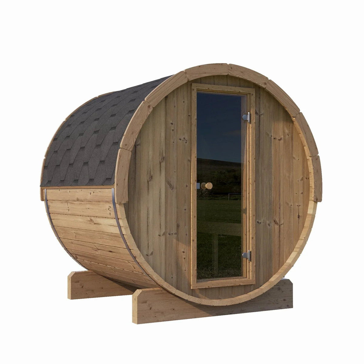 SaunaLife Model E7 Sauna Barrel with natural golden-brown wood staves, black shingle roof and bronze glass door
