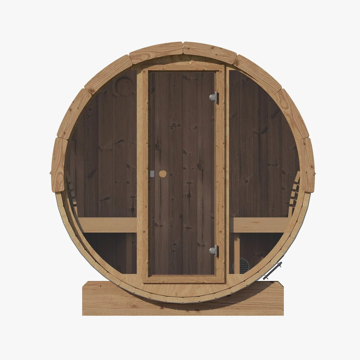 SaunaLife Model E7G Sauna Barrel with golden-brown wood staves, dark bronze glass front and central door