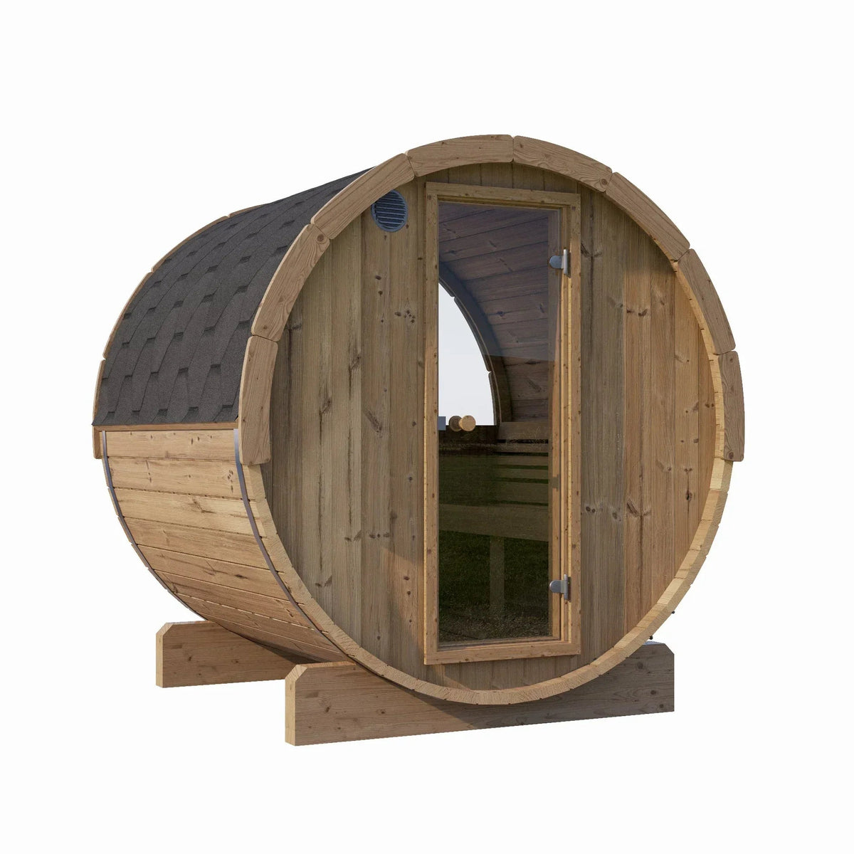 SaunaLife Model E7W Sauna Barrel-Window in natural brown spruce with a dark shingle roof and bronze glass door