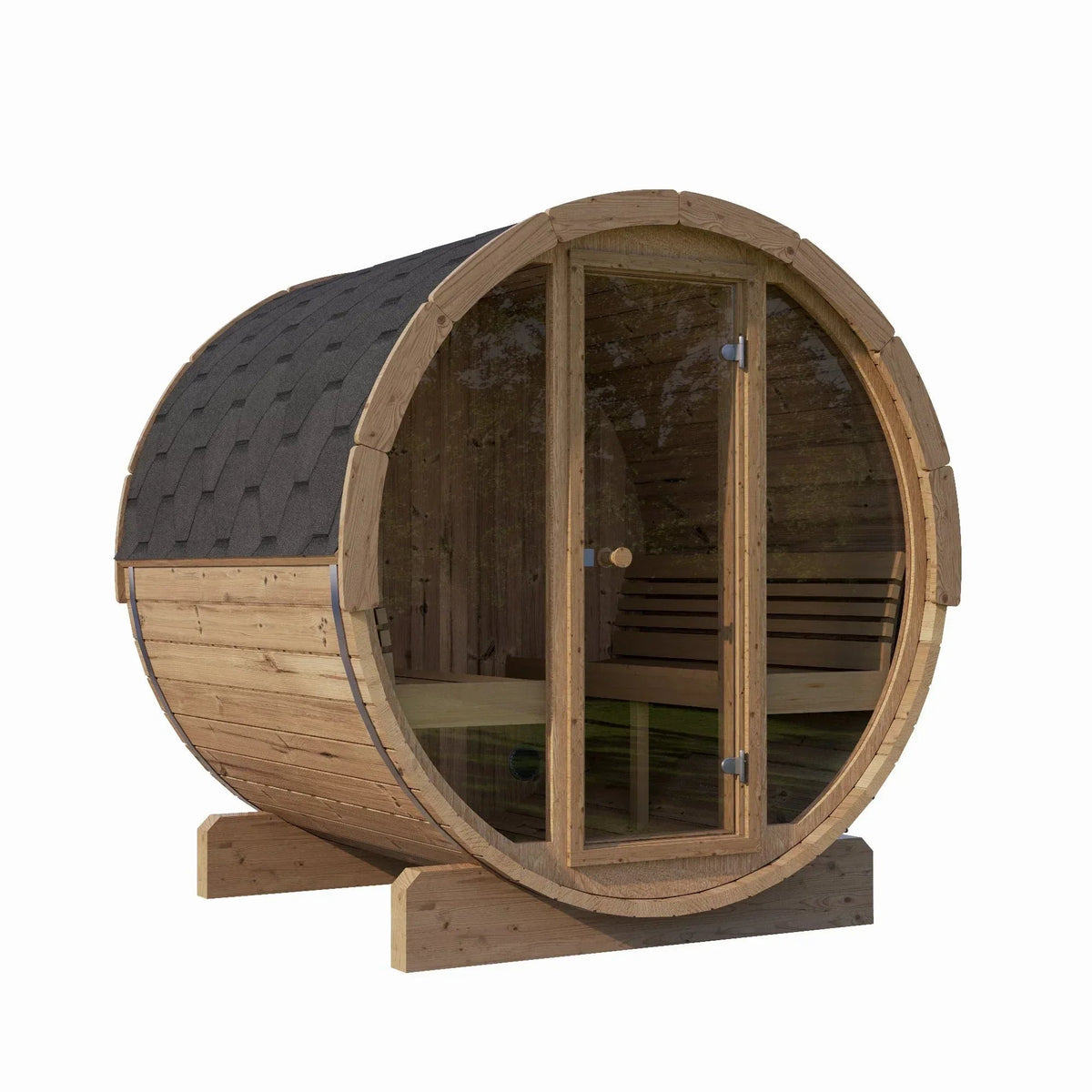 SaunaLife Model E8G Sauna Barrel Glass Front, natural wood barrel with dark shingle roof and full glass door