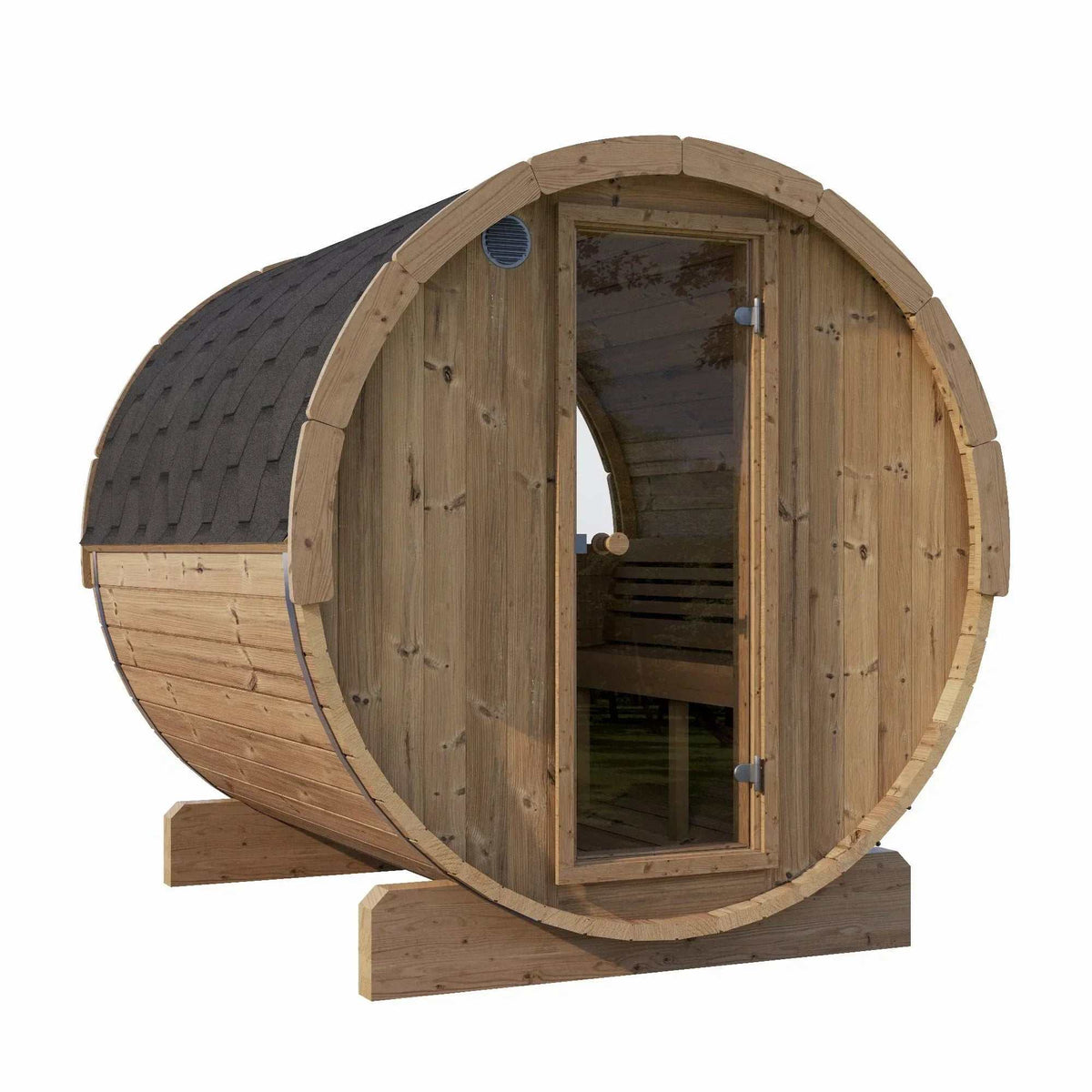 SaunaLife Model E8W barrel sauna in natural wood with black shingle roof, round profile and bronze glass door