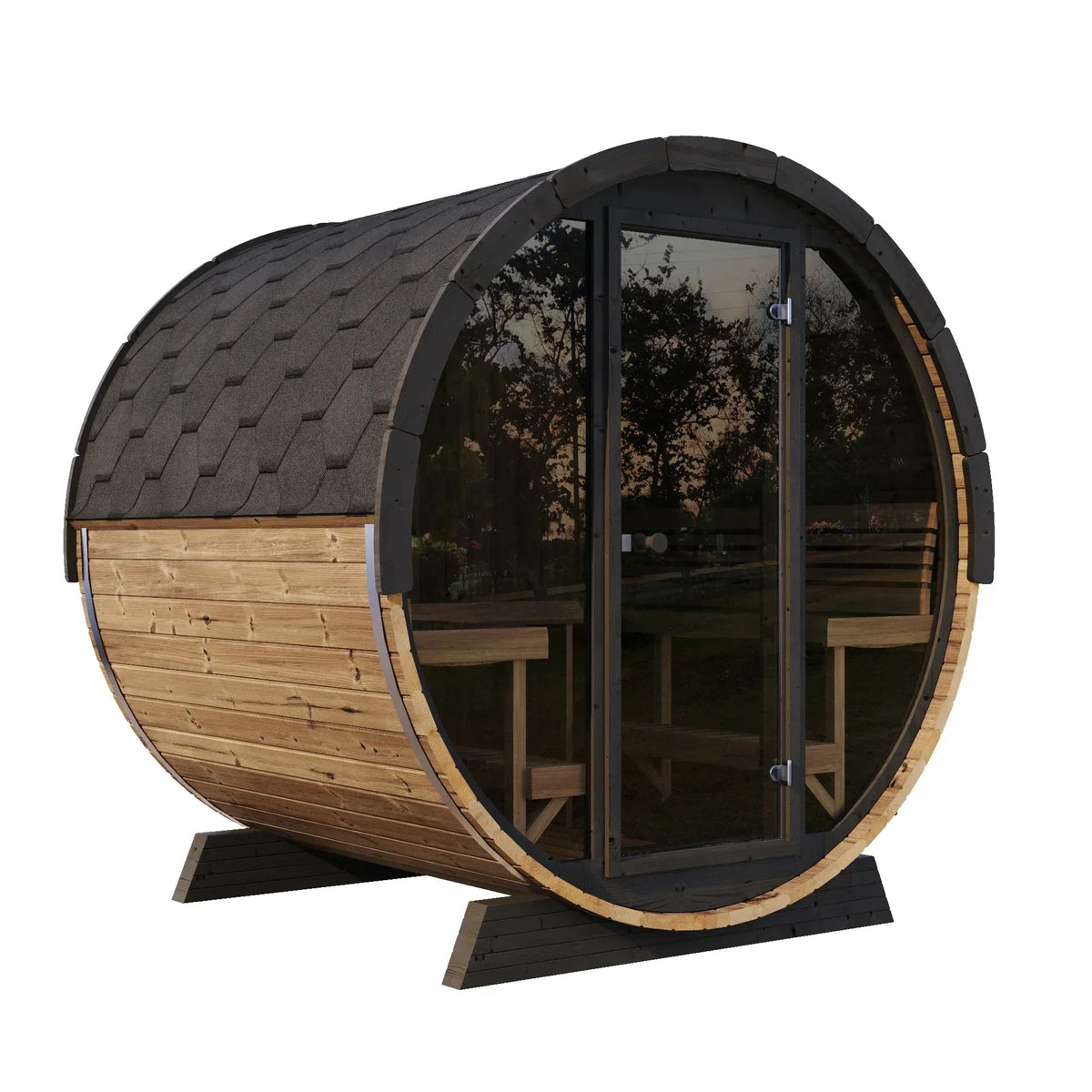 SaunaLife Model EE8G Sauna Barrel in natural Thermo-Spruce wood with a black shingle roof and full-glass front