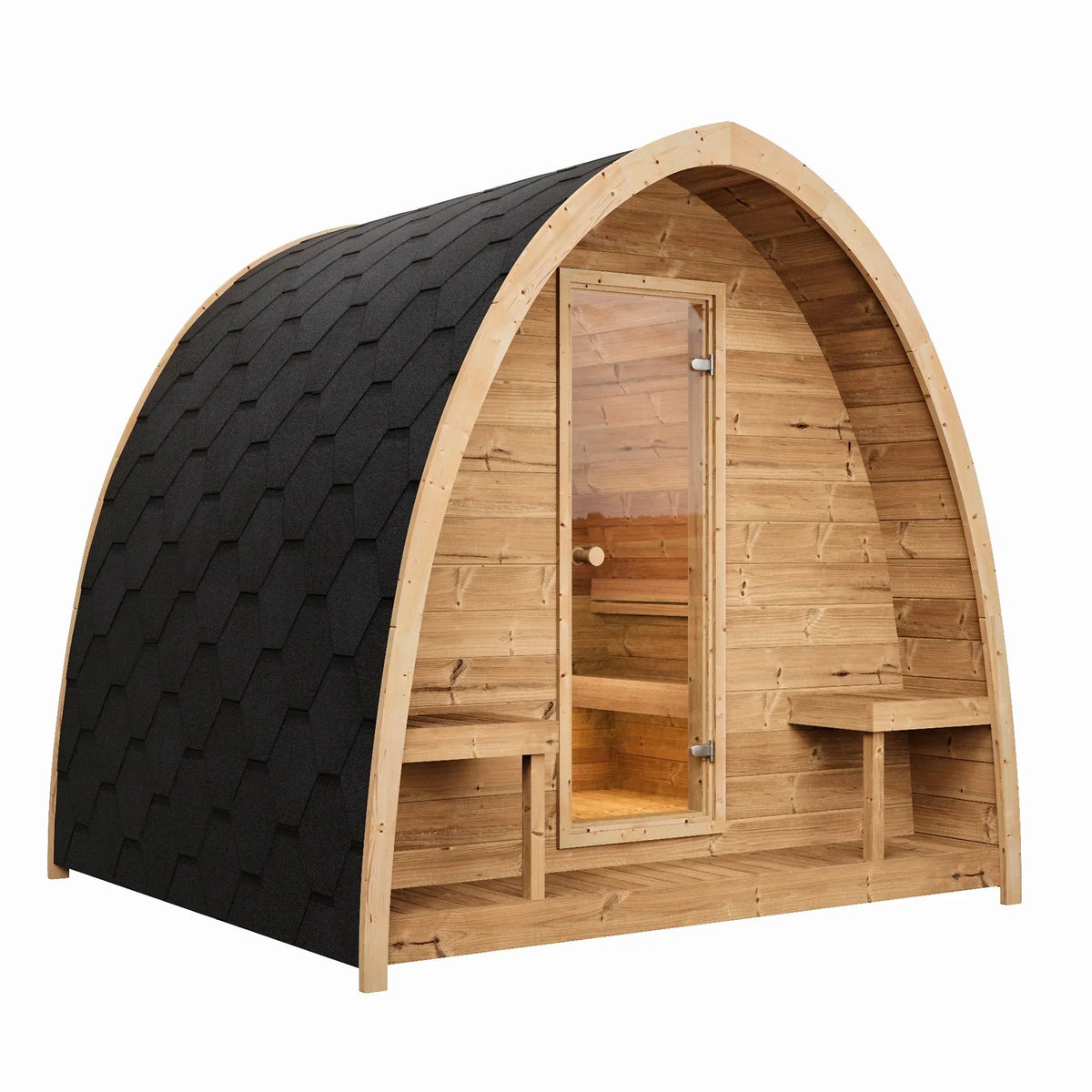 SaunaLife Model G3 outdoor sauna with a pale wood parabolic cabin, black shingle roof, glass door and front benches