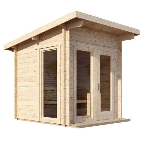 SaunaLife Model G4 outdoor sauna cabin in pale natural wood with a broad sloped roof, glass door, tall windows and entry deck