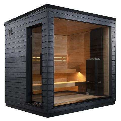 SaunaLife Model G6 outdoor sauna with black wood cladding, clear glass front, and warm alder benches inside