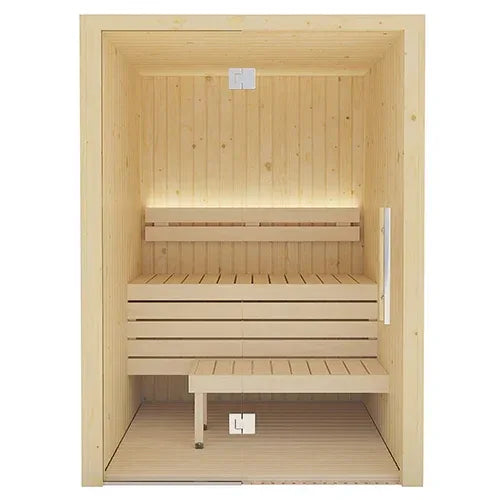 SaunaLife Model X2 Indoor Home Sauna in pale natural wood, with tiered slatted benches and a full glass front