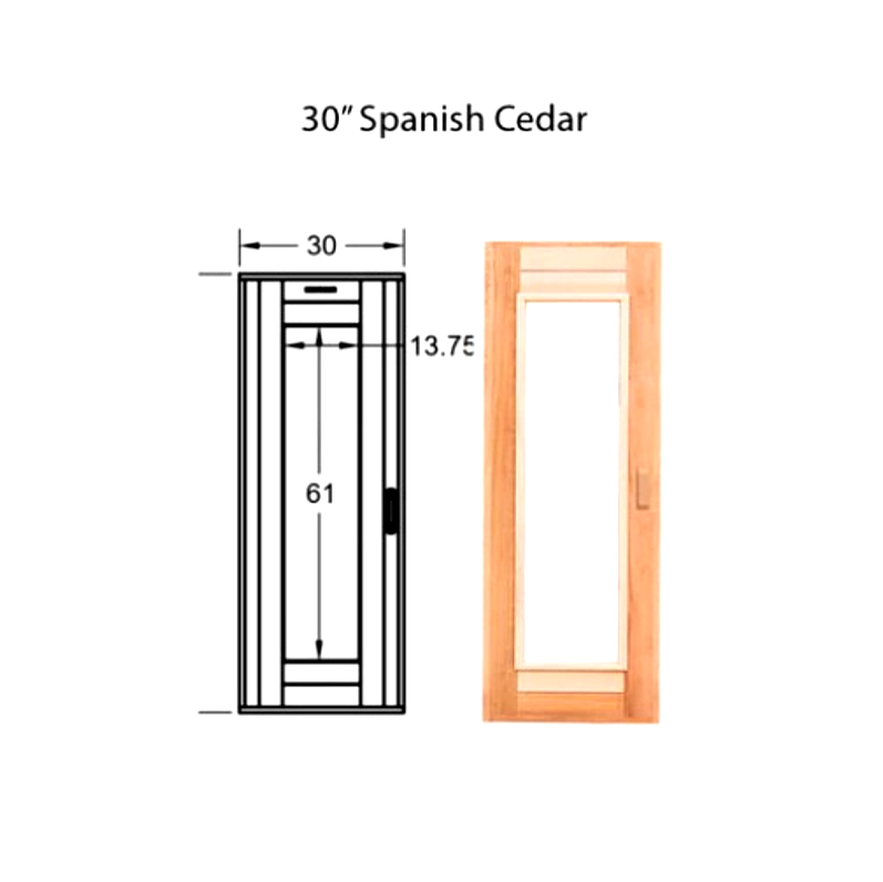 Scandia 30-inch Spanish Cedar sauna door with detailed dimensions, featuring high-quality wood construction and tempered glass for durability.