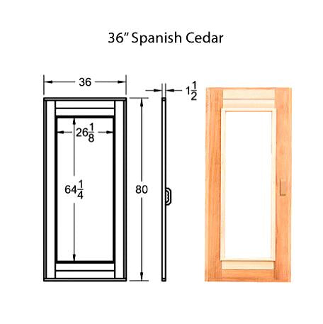 Technical drawing and front view of the Scandia 36-inch Spanish Cedar sauna door, featuring premium wood construction and tempered glass for insulation.