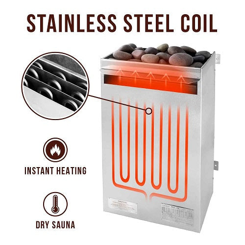 Scandia 9KW Electric Sauna Heater with stainless steel coil for optimized heat distribution, energy efficiency, and rapid steam generation.