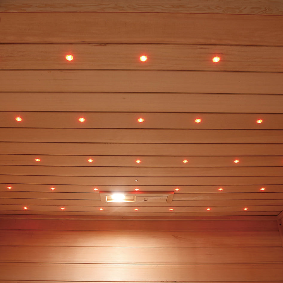 Red LED lighting system across ceiling of Waja I002 sauna