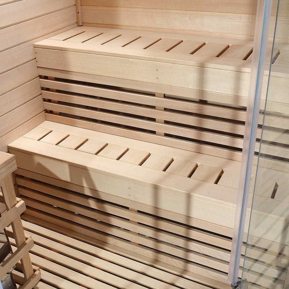 Interior lay-down bench detail in Waja I007 traditional sauna