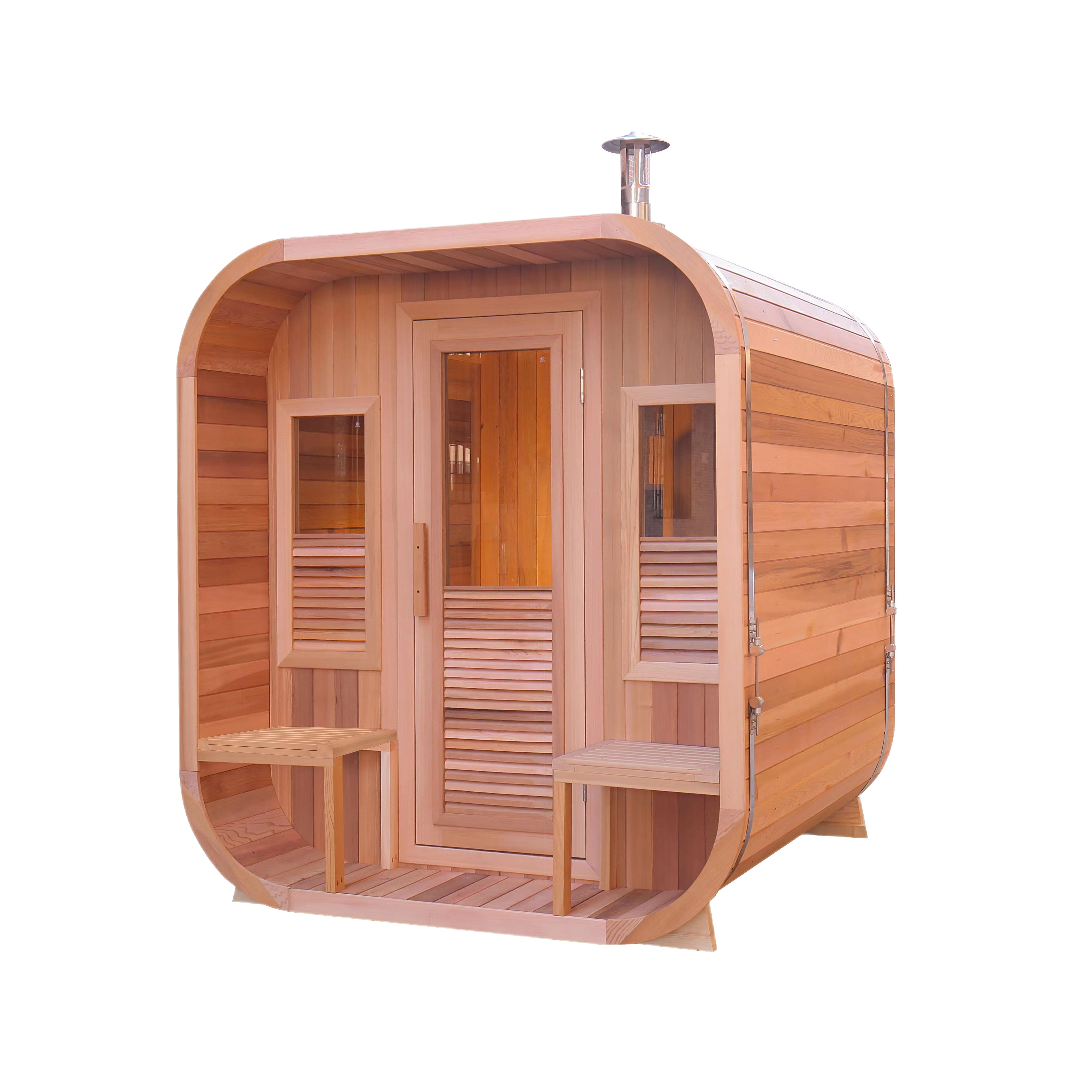 Red Cedar Luna Series outdoor sauna with curved barrel frame and full glass front from side angle