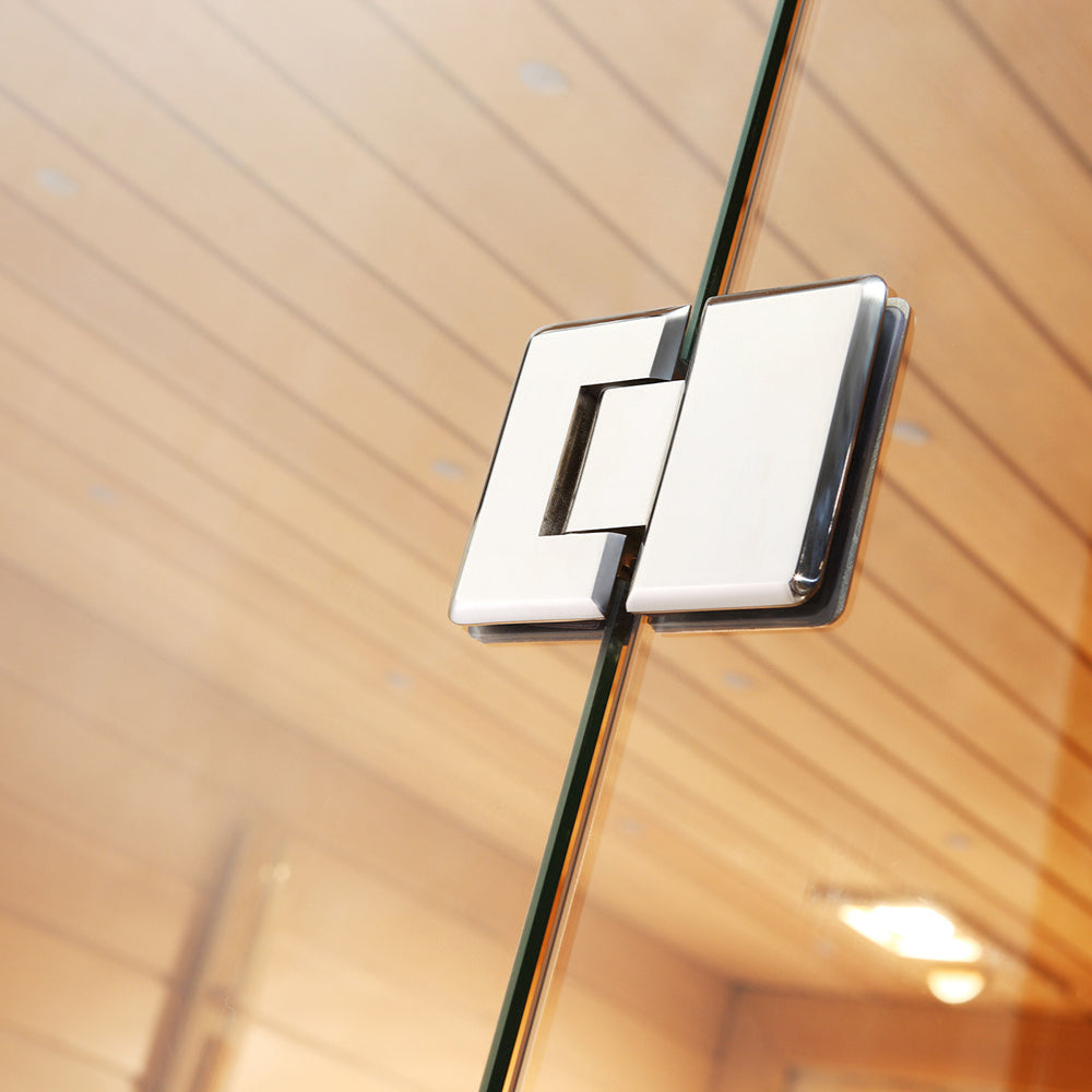 Modern hinge detail for tempered glass sauna door on Waja WJT-I009 model