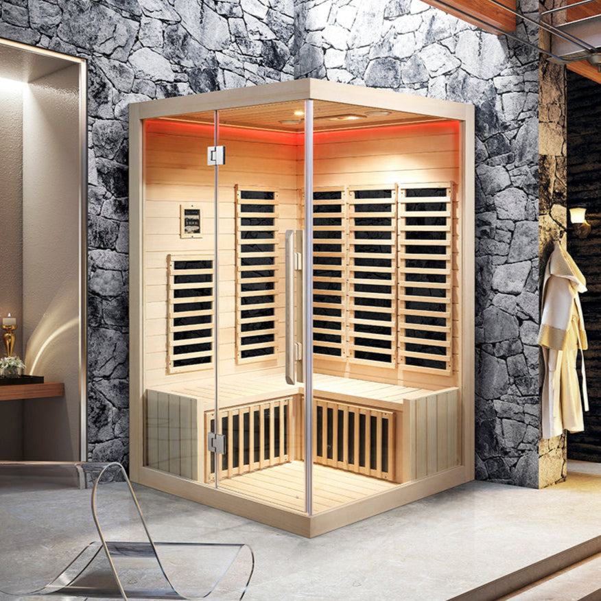 Waja WJS-I006 infrared sauna with full glass door and LED lighting in hemlock finish