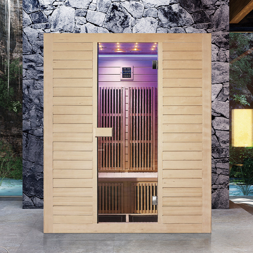Front view of the Waja WJS-I012 Infrared Sauna with Canadian Hemlock and tempered glass door