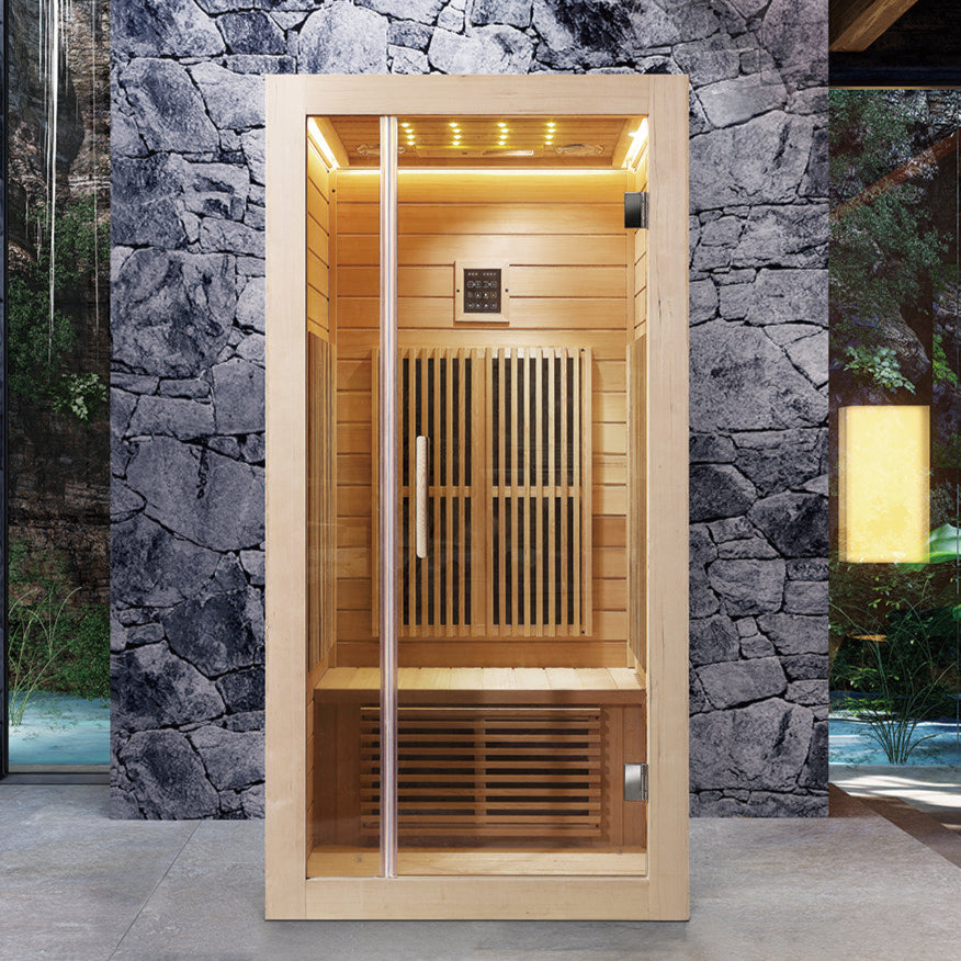 Waja WJS-I015 Infrared Sauna with Canadian Hemlock and glass door in vertical layout