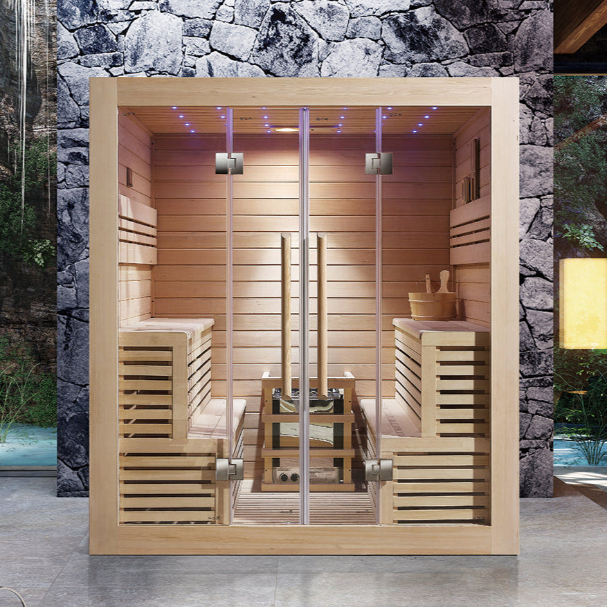 Front view of Waja WJT-I008 traditional sauna with full-glass design and Canadian Hemlock interior